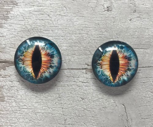 Blue and orange glass eye cabochons in sizes 6mm to 40mm dragon eyes cat fox snake reptile iris (045)